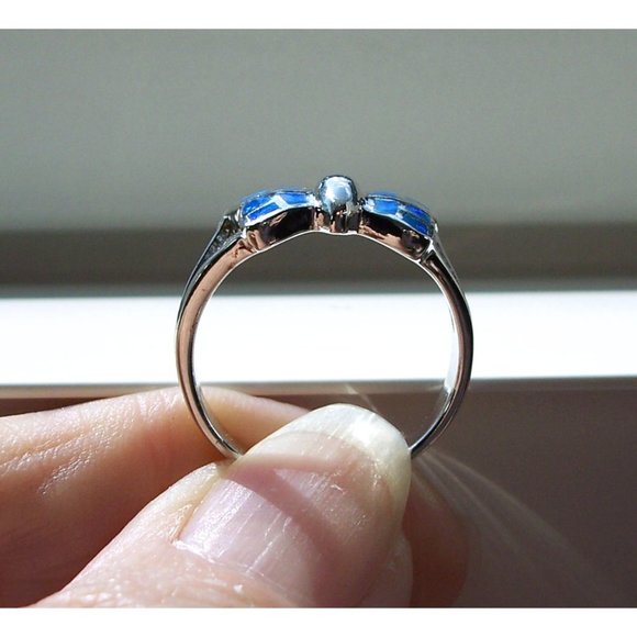 .925 STERLING SILVER Lab Created Blue Fire Opal Inlay Butterfly Ring - Picture 5 of 13